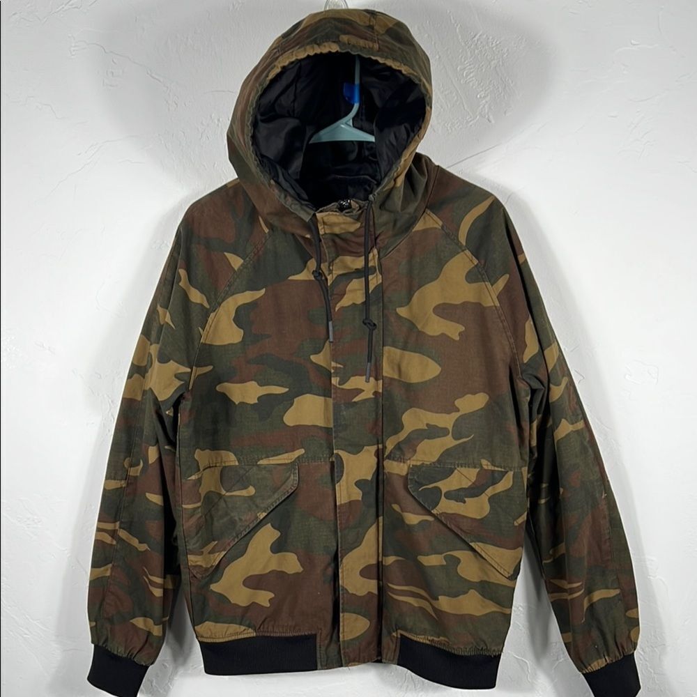 🔥🔥 Camo ZARA MAN Quilt Lined Insulated Hooded Full Zip & Snap JACKET Sz M - EU